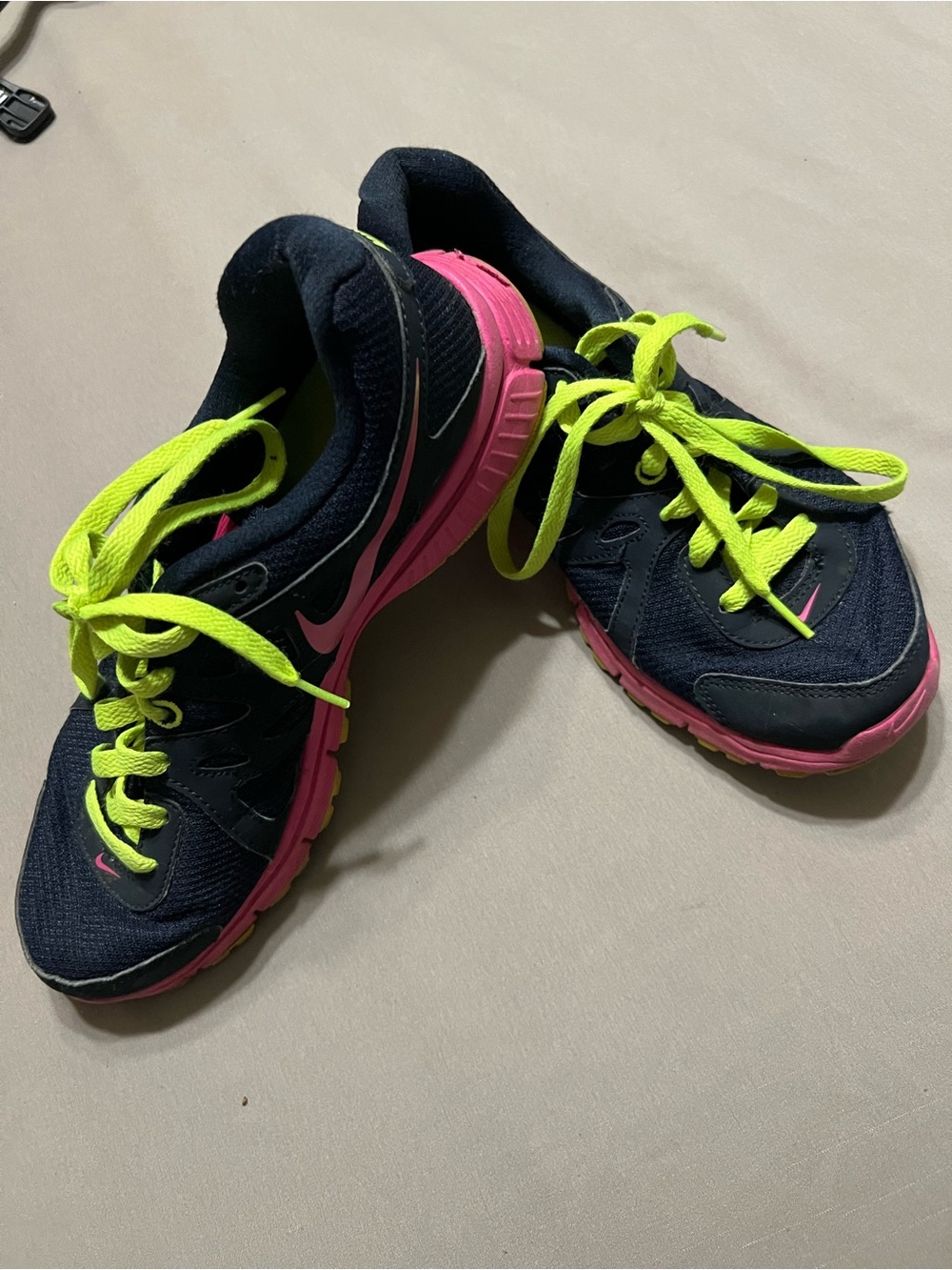 Nike Women's Navy Athletic Sneakers with Pink Midsole and Neon Yellow Laces
